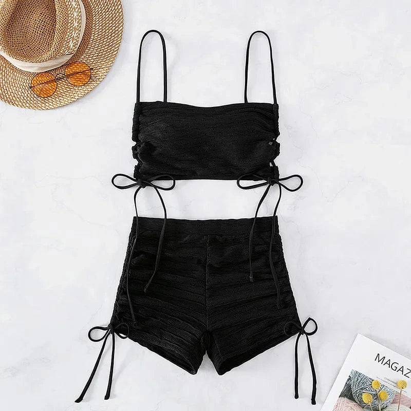 Lady Popular Two Piece Black Swimwear Push-Up High Cut Bikini Sexy High Waist Women Sexy Straps Side Cross Bandage Swimsuit 2024