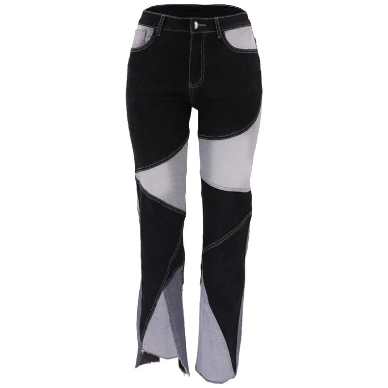 lady street fashion trend paneled wash jeans womens high waist wide leg raw denim trousers pants baggy Straight women's jeans