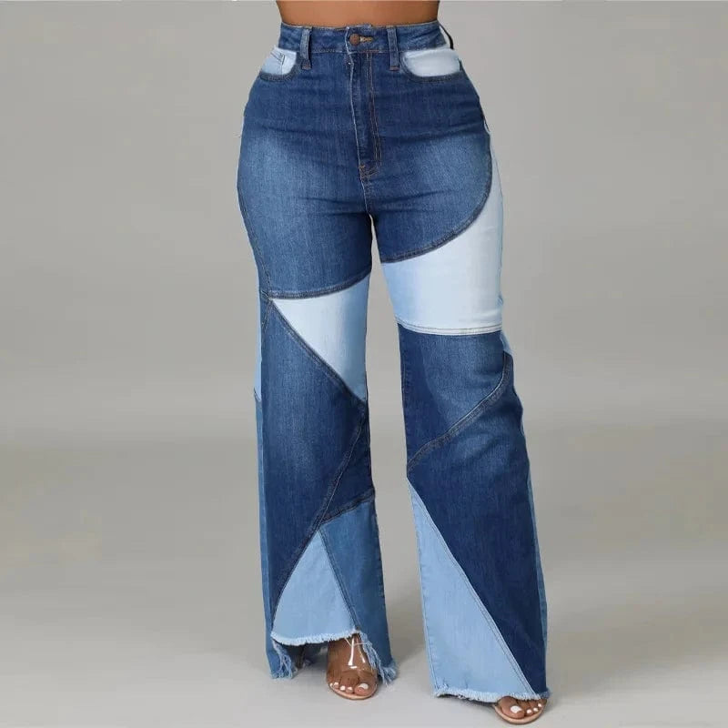 lady street fashion trend paneled wash jeans womens high waist wide leg raw denim trousers pants baggy Straight women's jeans