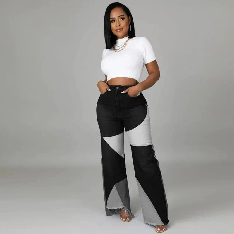 lady street fashion trend paneled wash jeans womens high waist wide leg raw denim trousers pants baggy Straight women's jeans
