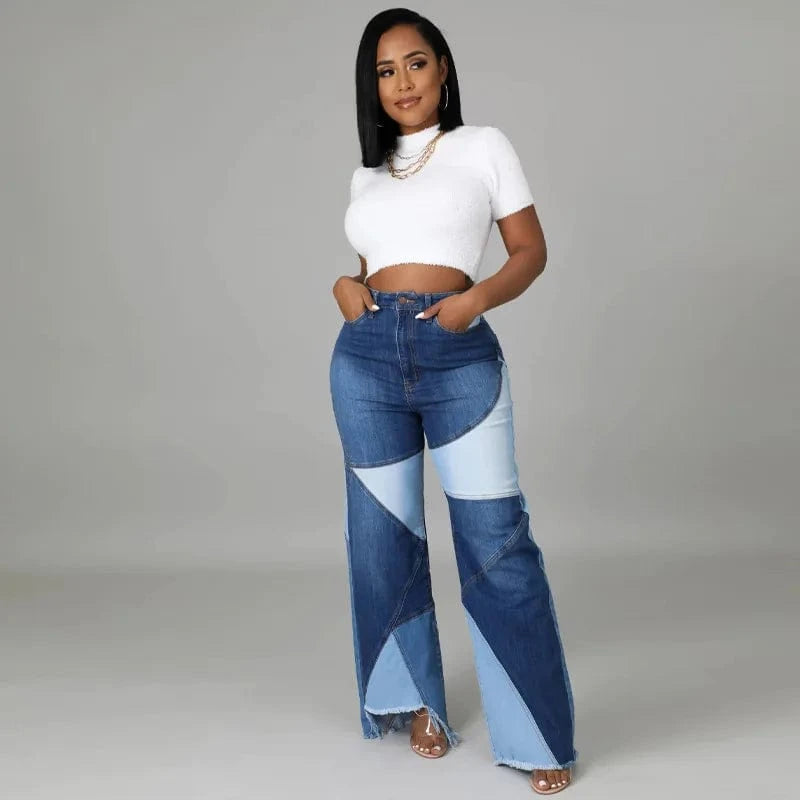 lady street fashion trend paneled wash jeans womens high waist wide leg raw denim trousers pants baggy Straight women's jeans