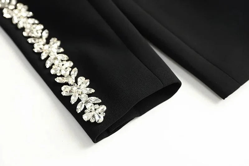 Lady Stylish Fine Workmanship Rhinestone Shoulder Sleeve Office Wear Single Button Blazer Flared Pants  2 Pieces Sets Women