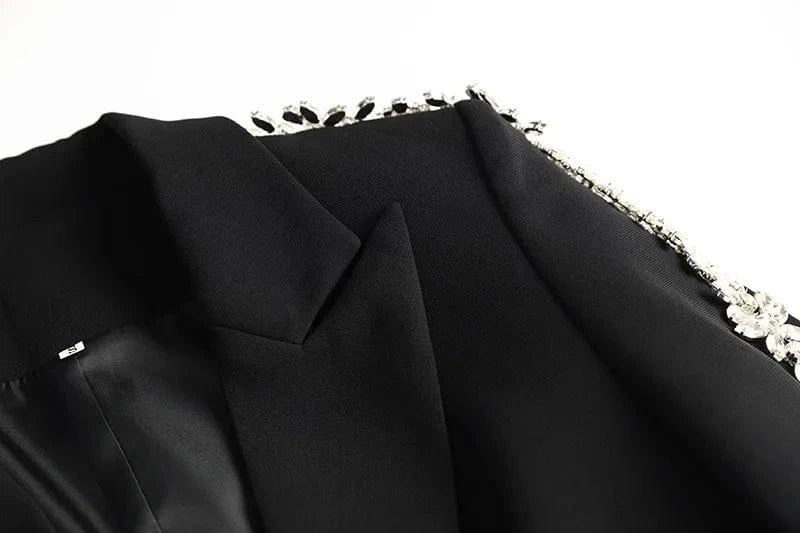 Lady Stylish Fine Workmanship Rhinestone Shoulder Sleeve Office Wear Single Button Blazer Flared Pants  2 Pieces Sets Women