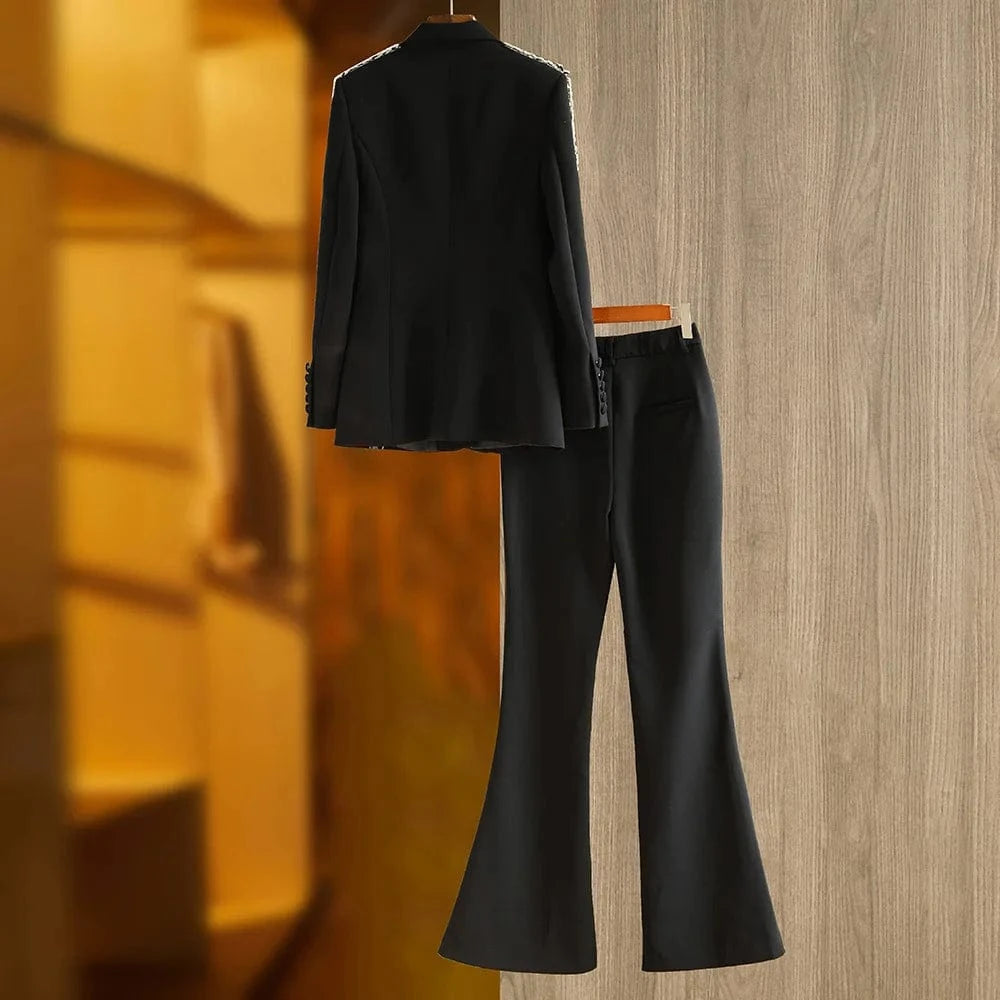 Lady Stylish Fine Workmanship Rhinestone Shoulder Sleeve Office Wear Single Button Blazer Flared Pants  2 Pieces Sets Women
