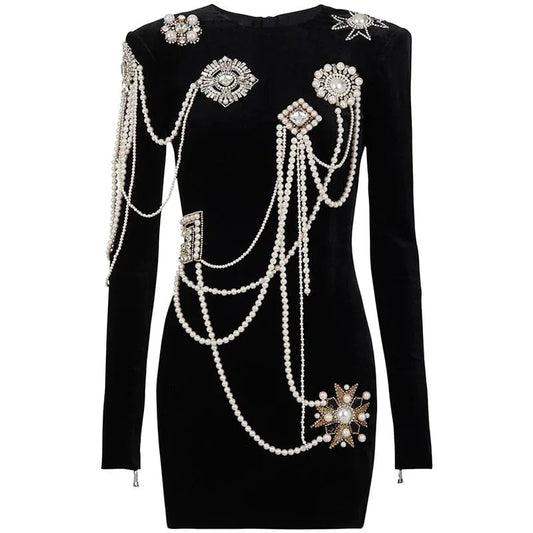 Lady Vintage 2023 Spring Long Sleeve Fine Workmanship Rhinestone Beads Tassel Elegant Mini Slim Fitted Black Dress