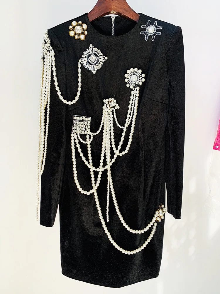 Lady Vintage 2023 Spring Long Sleeve Fine Workmanship Rhinestone Beads Tassel Elegant Mini Slim Fitted Black Dress