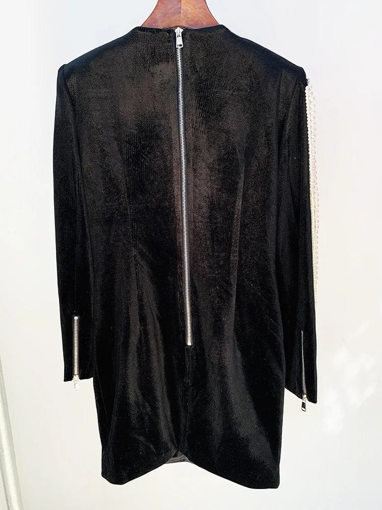 Lady Vintage 2023 Spring Long Sleeve Fine Workmanship Rhinestone Beads Tassel Elegant Mini Slim Fitted Black Dress