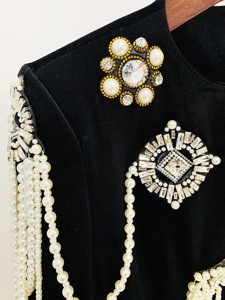 Lady Vintage 2023 Spring Long Sleeve Fine Workmanship Rhinestone Beads Tassel Elegant Mini Slim Fitted Black Dress