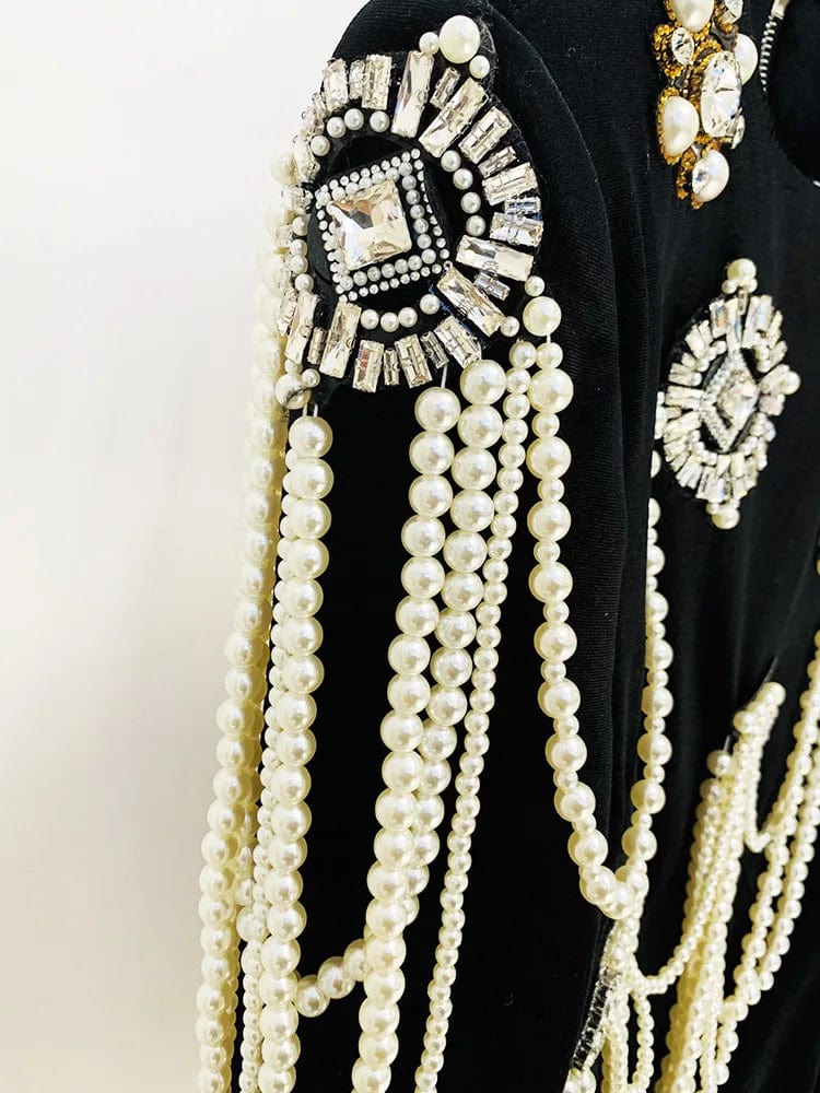 Lady Vintage 2023 Spring Long Sleeve Fine Workmanship Rhinestone Beads Tassel Elegant Mini Slim Fitted Black Dress