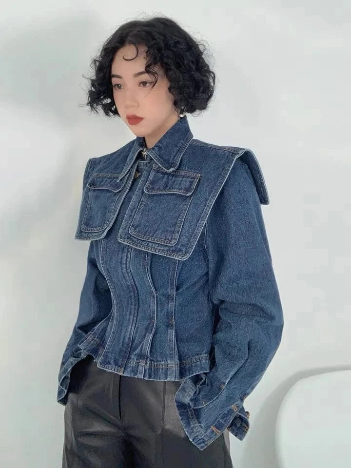 Lapel Long Sleeve Short Tunic Designer Coats Streetwear Solid Patchwork Pockets Lapel Long Sleeve Casual Denim Jacket