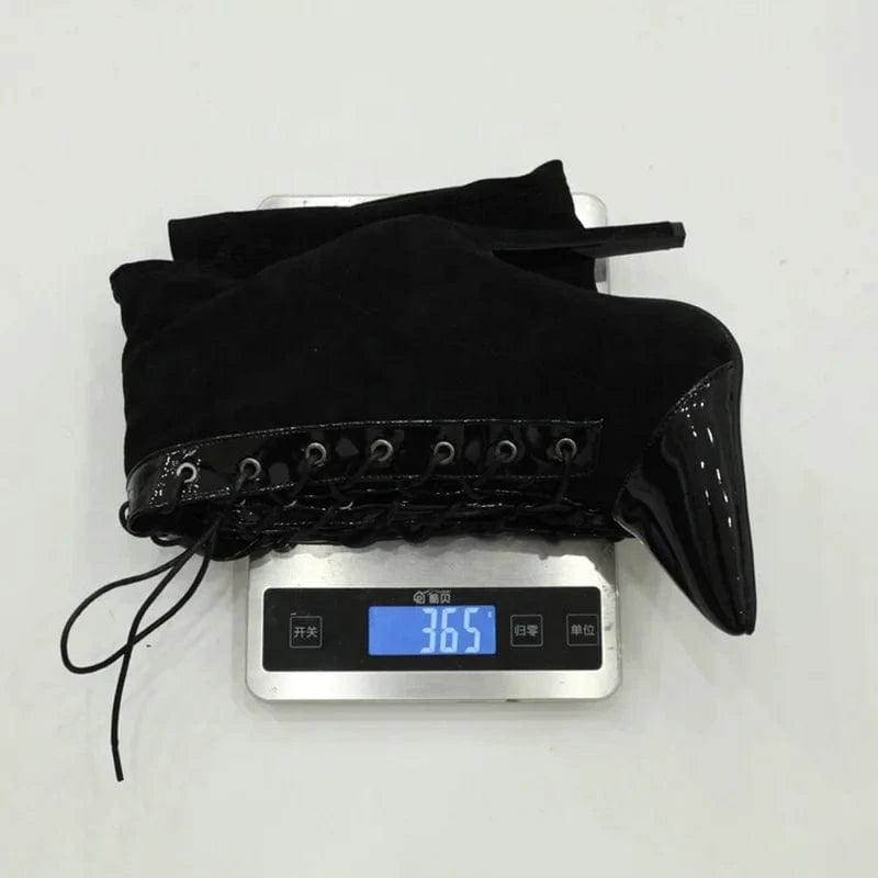 Large Size 48 Lace up Stretchy Thigh High Boots Women's Stiletto Over-knee Long Booties Thin Heels Wide Leg Fit