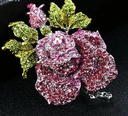 Large Size Rose Flower Brooch Women Wedding Jewelry Wedding Fashion Winter Lapel Pin Pink and Green Sorority Crystal Brooches