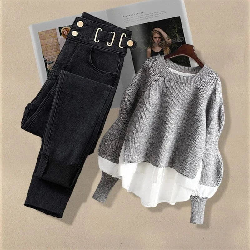 Large Spring and Autumn Women's Suit 2023 New Korean Fashion Fake Two-piece Shirt Top Slim Casual Jeans Two-piece Set