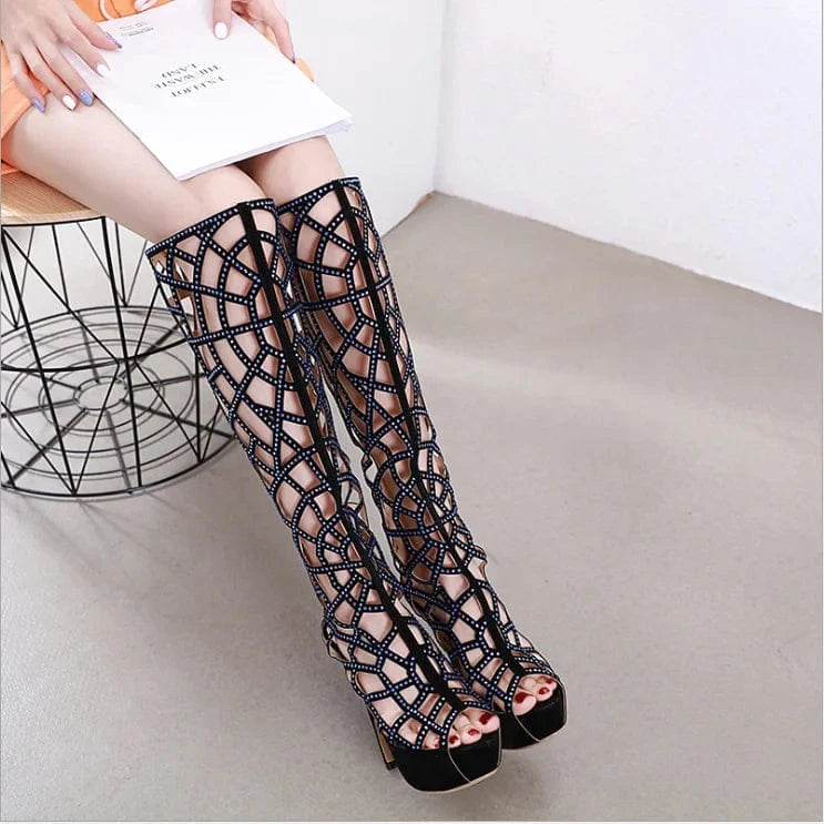 Last design sexy women hollow stiletto high heels platform shoes knee high long boots Wholesale heels sexy open toe
