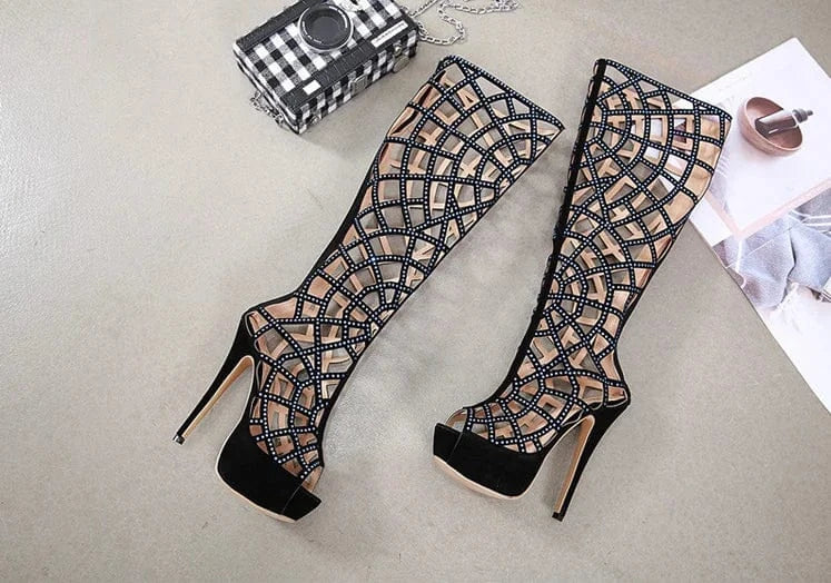 Last design sexy women hollow stiletto high heels platform shoes knee high long boots Wholesale heels sexy open toe