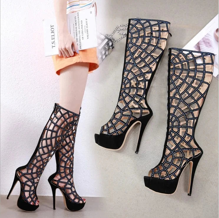 Last design sexy women hollow stiletto high heels platform shoes knee high long boots Wholesale heels sexy open toe