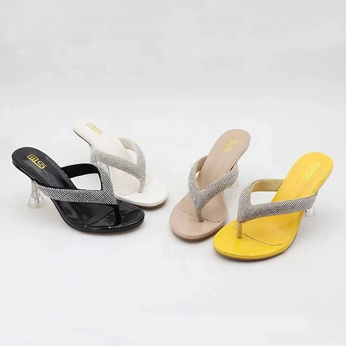 Latest Big Size 42 Party Women Shoes Crystal Heels Solid Color Slippers Outdoor Sandals Diamond Female Flip-Flops Heeled Sandals