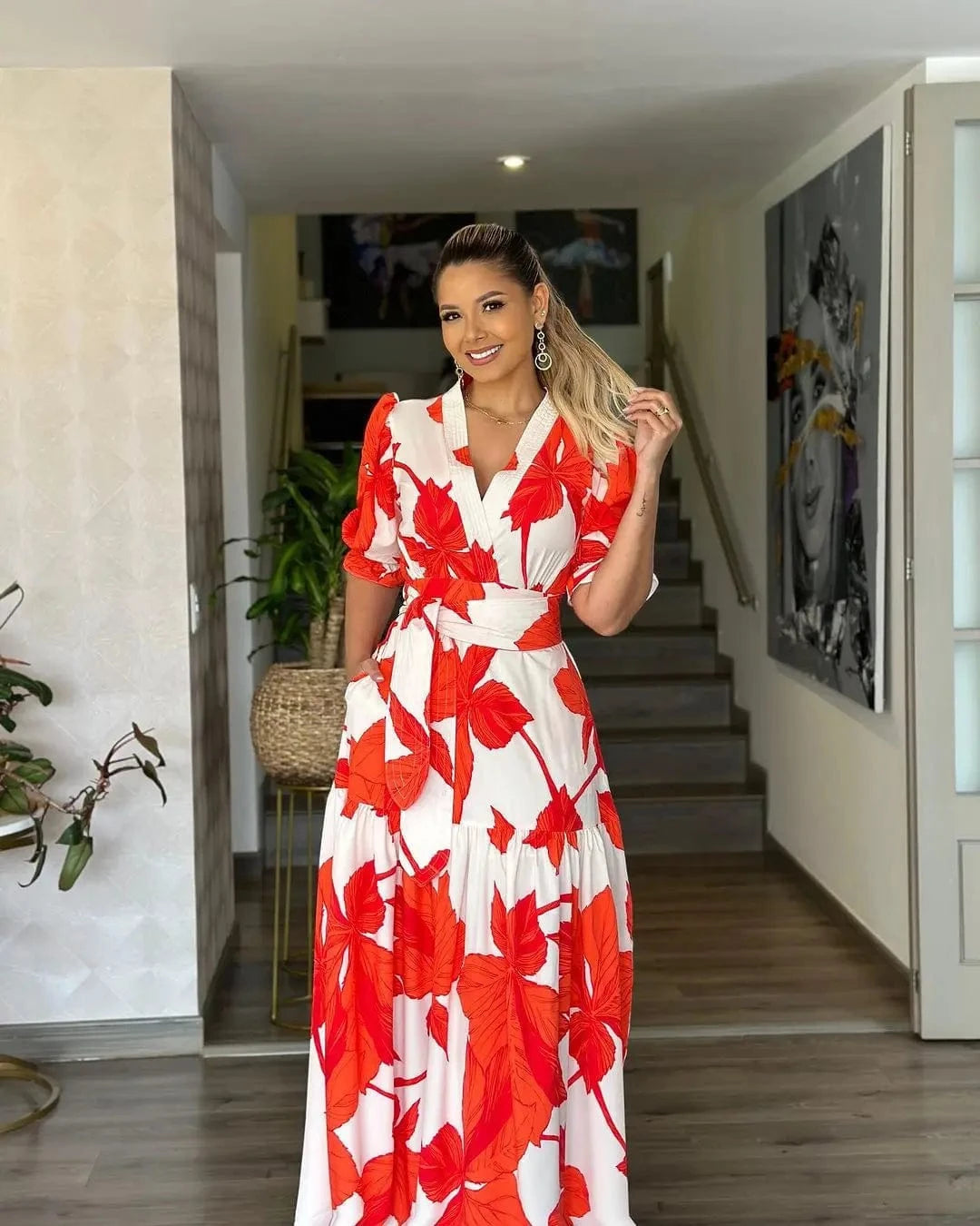 Latest Design Bohemian Summer Dress For Women V-neck A Line Puff Sleeve Leaf Printed Long Dresses Women Casual Dresses