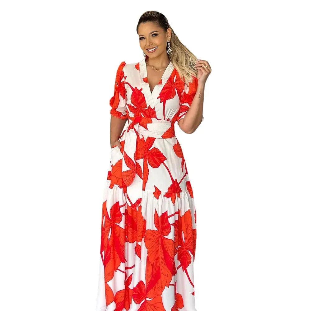 Latest Design Bohemian Summer Dress For Women V-neck A Line Puff Sleeve Leaf Printed Long Dresses Women Casual Dresses
