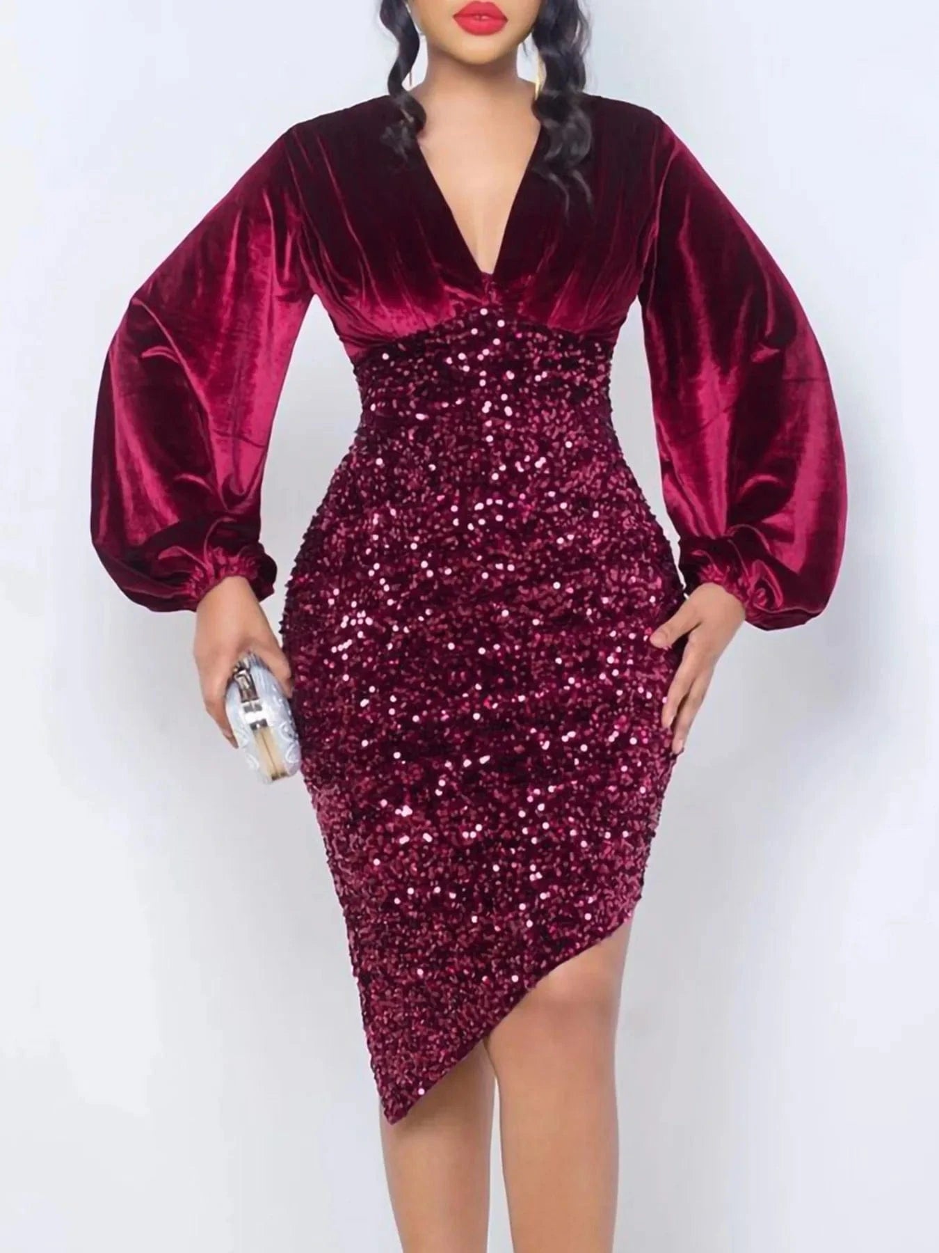 Latest Design Stylish Chic Evening Dress V-neck Puff Sleeve Elegant Plus Size Women Velvet Sequin Dress 2024