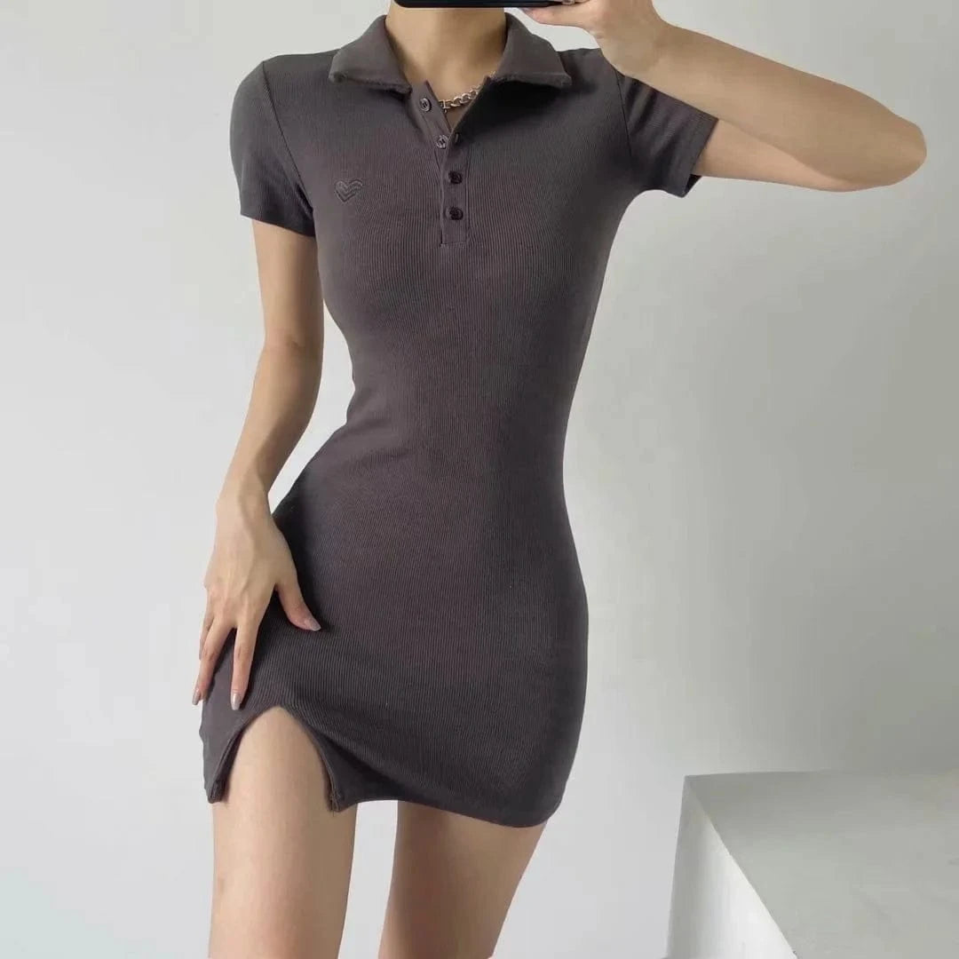 Latest Designs Summer Solid  Print Stand Collar Button Bodycon High Slit  Casual Dresses Women