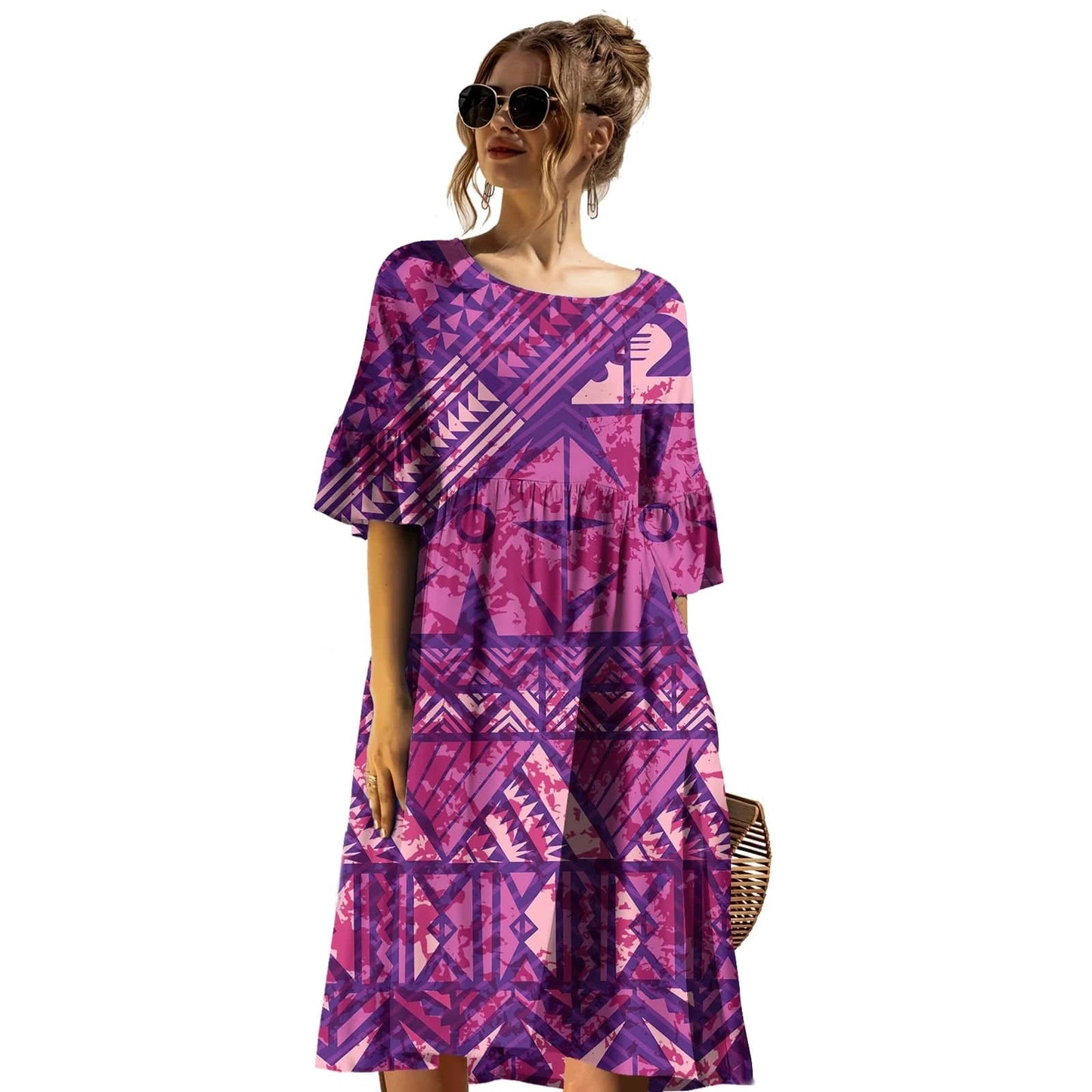 Latest Trendy Plus Size Prom Dress Casual Tribal Design Samoan Tapa Printed Short Sleeve Mid-length Dress Puletasi