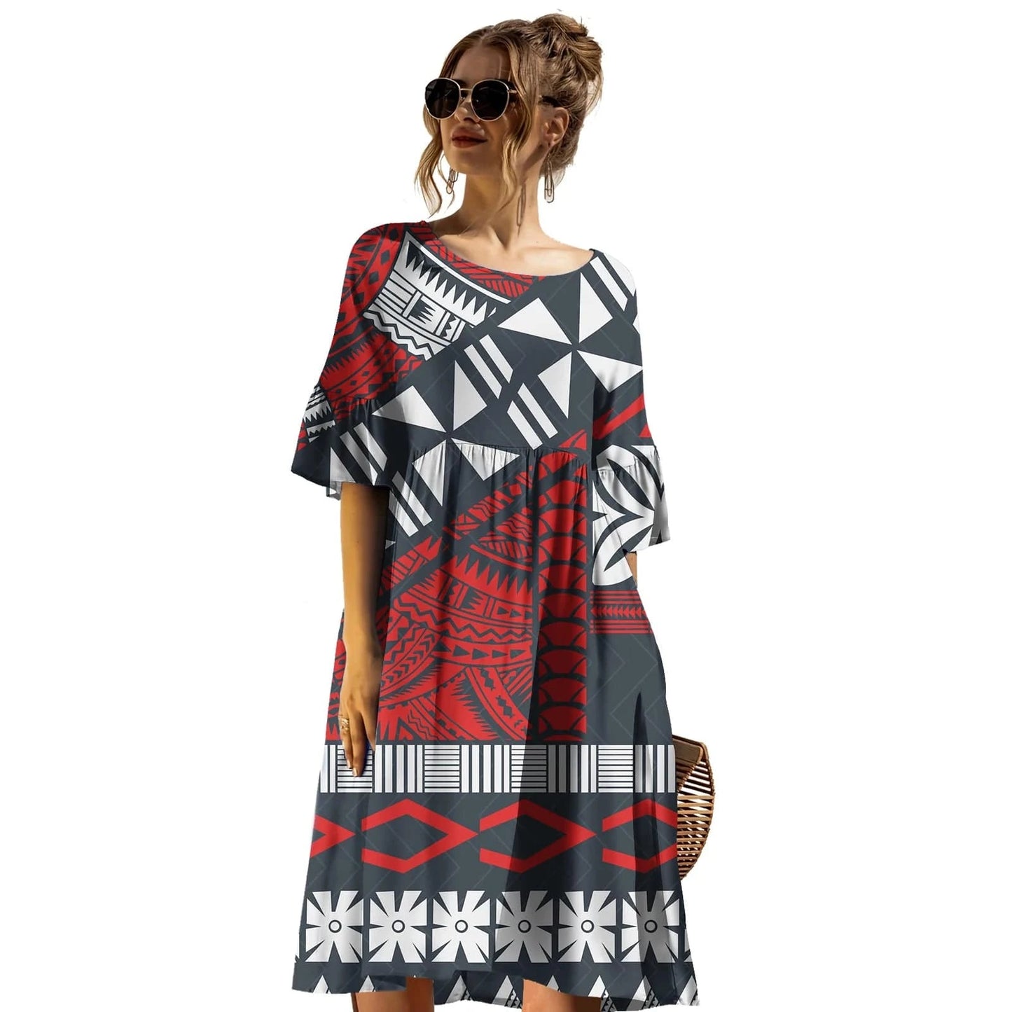 Latest Trendy Plus Size Prom Dress Casual Tribal Design Samoan Tapa Printed Short Sleeve Mid-length Dress Puletasi