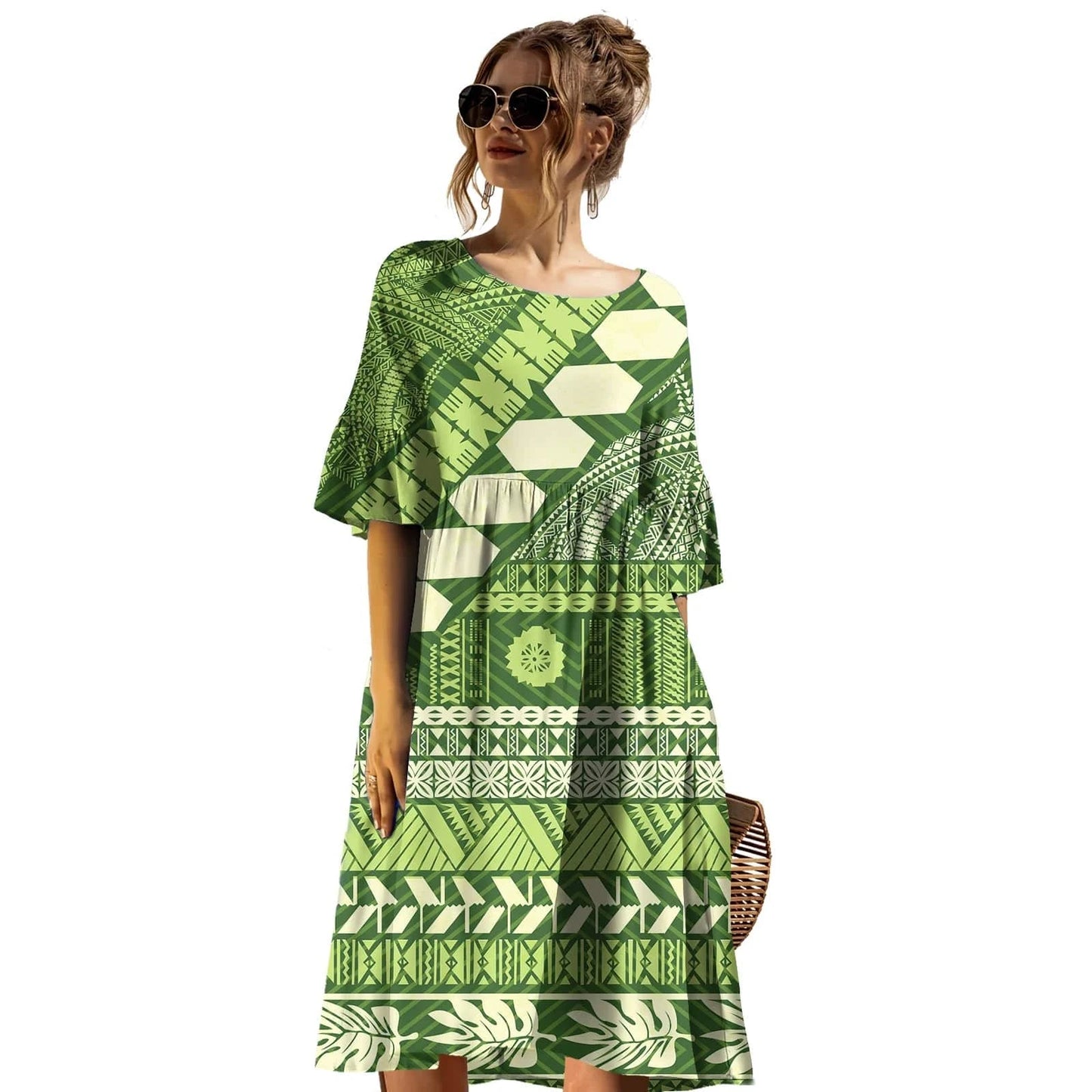 Latest Trendy Plus Size Prom Dress Casual Tribal Design Samoan Tapa Printed Short Sleeve Mid-length Dress Puletasi