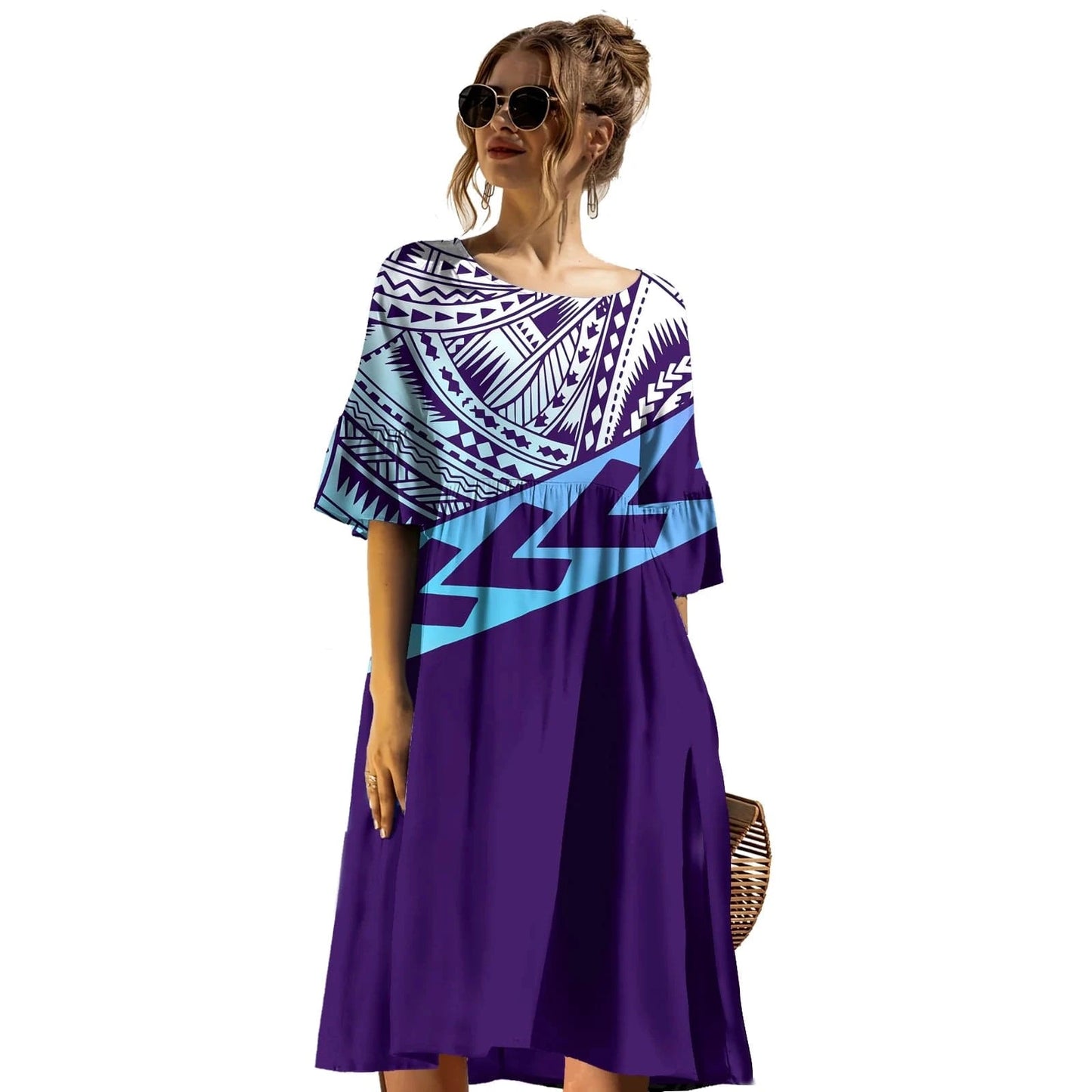 Latest Trendy Plus Size Prom Dress Casual Tribal Design Samoan Tapa Printed Short Sleeve Mid-length Dress Puletasi