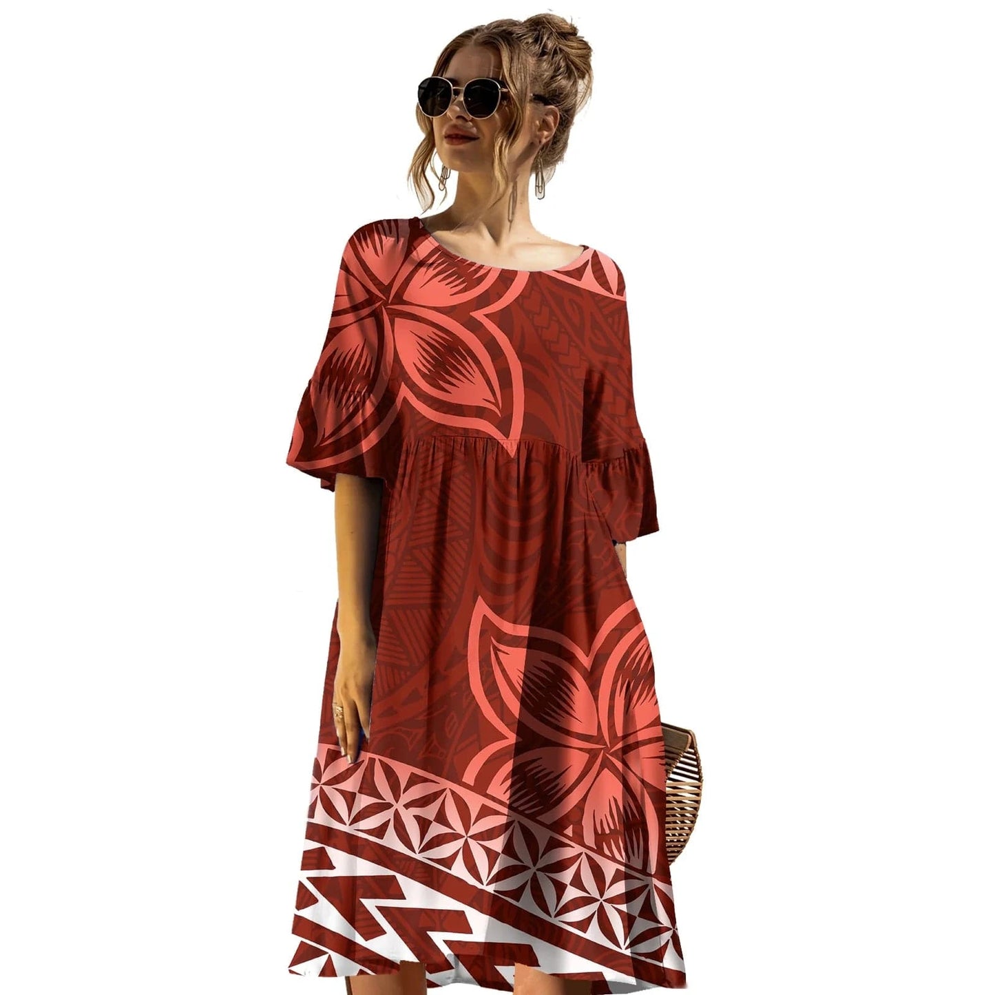 Latest Trendy Plus Size Prom Dress Casual Tribal Design Samoan Tapa Printed Short Sleeve Mid-length Dress Puletasi