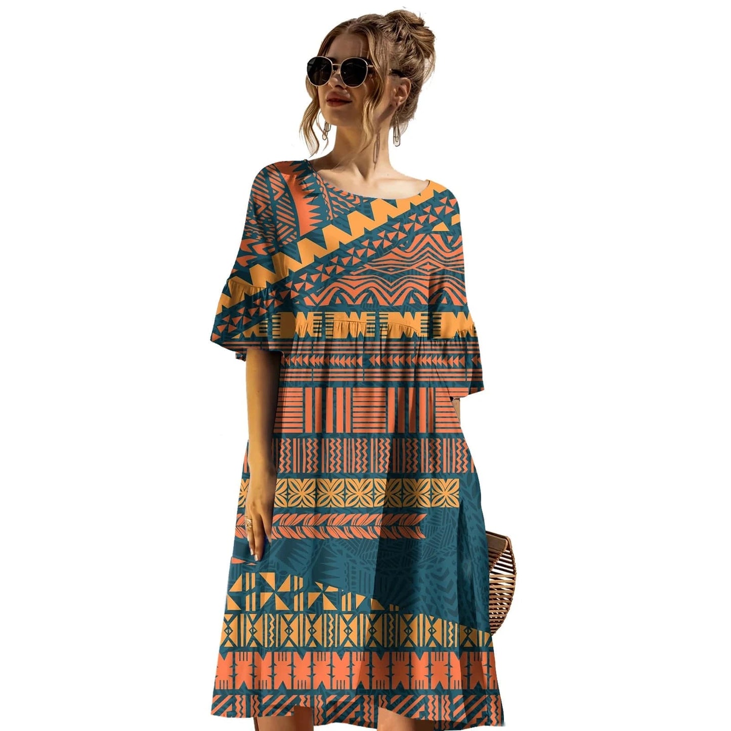 Latest Trendy Plus Size Prom Dress Casual Tribal Design Samoan Tapa Printed Short Sleeve Mid-length Dress Puletasi
