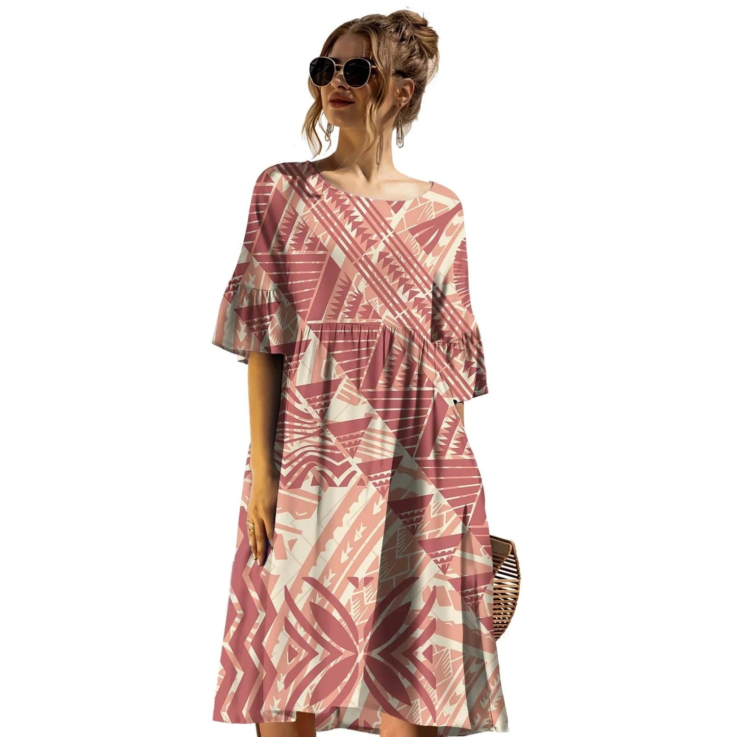 Latest Trendy Plus Size Prom Dress Casual Tribal Design Samoan Tapa Printed Short Sleeve Mid-length Dress Puletasi