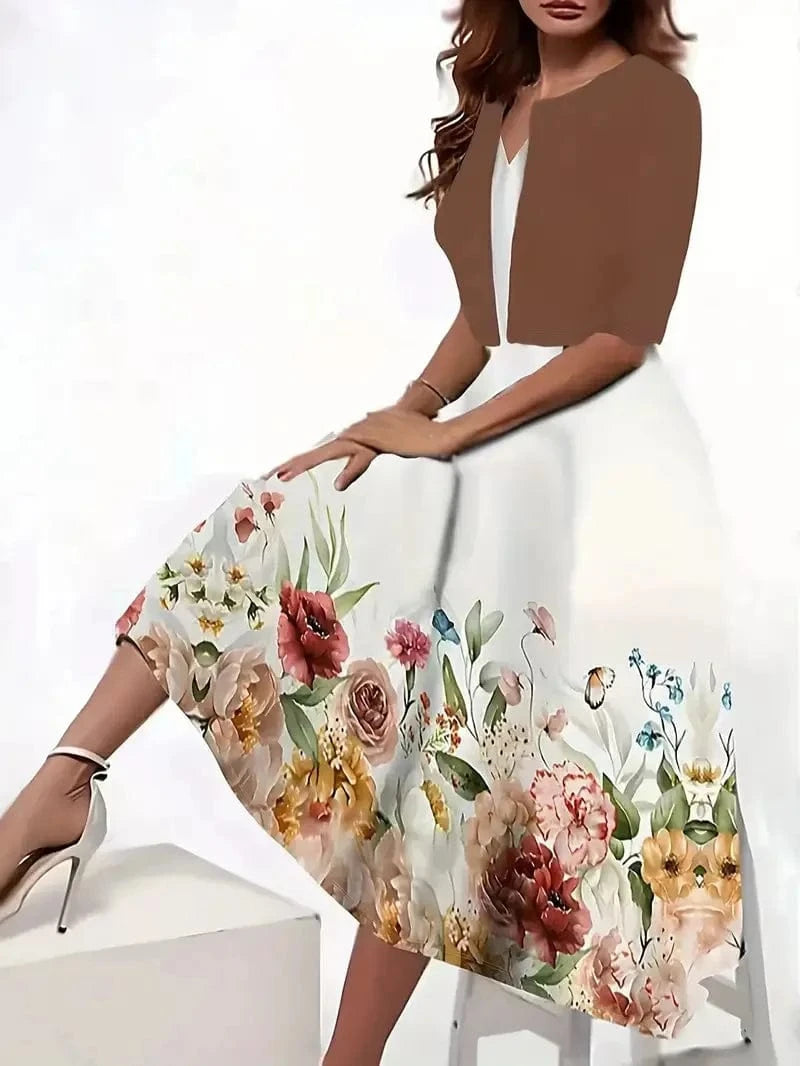 Lavender / XXL 2024 Europe and the United States autumn new women's long dress two-piece set of floral print round neck dress coat women