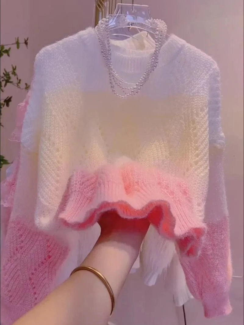 Lazy Style Colorful Hollow Knit Top For Women's Spring Autumn New Sweet Color Blocking Round Neck Long Sleeved Pullover Sweater