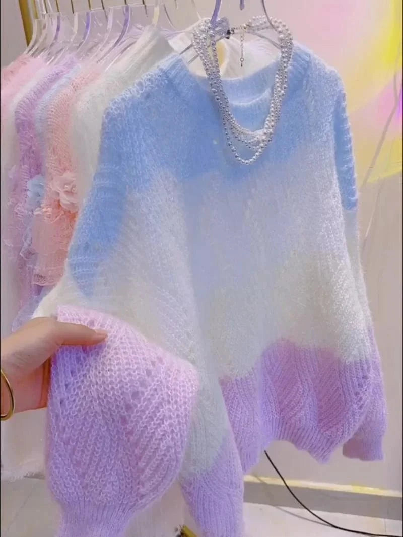 Lazy Style Colorful Hollow Knit Top For Women's Spring Autumn New Sweet Color Blocking Round Neck Long Sleeved Pullover Sweater