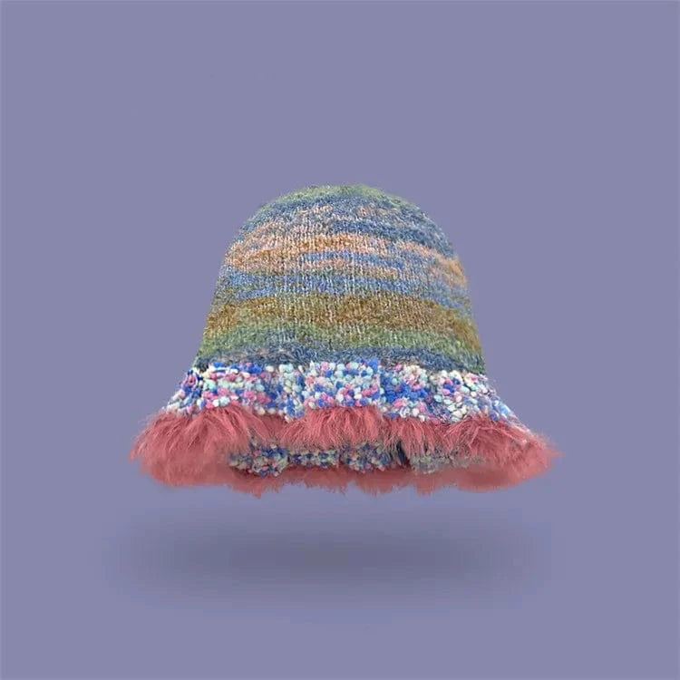 Leather pink 2024 New Retro Color Striped Oil Painting Style Bucket Hats Women Autumn and Winter Japanese Literary Fashion Warm Knitted Caps