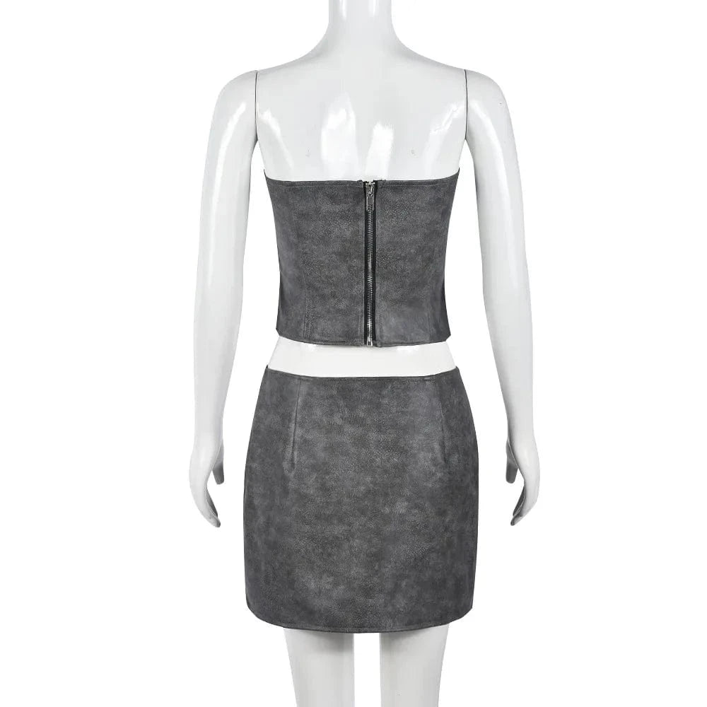 Leather Skirt Outfits Sexy Club Women 2024 New Sleeveless Tube Top Mini Skirt Two Piece Set