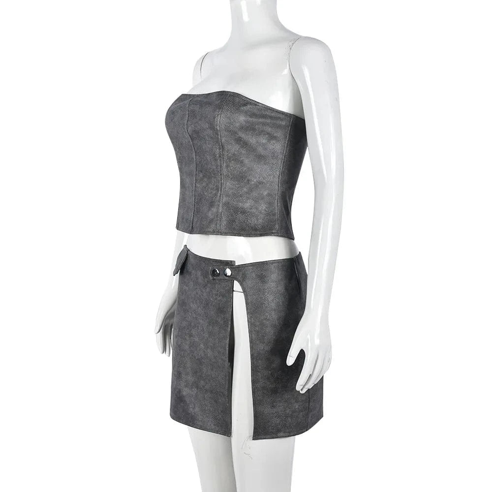 Leather Skirt Outfits Sexy Club Women 2024 New Sleeveless Tube Top Mini Skirt Two Piece Set