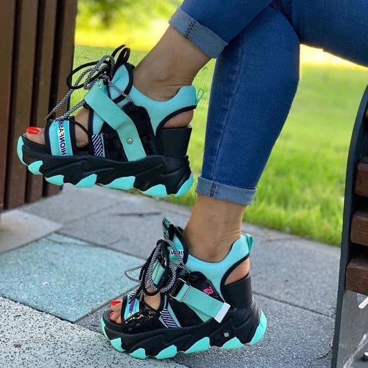Leisure Lady Platform Chunky Sandals Mixed Color shoes lace Buckle Punk Sandals Women Open Toe Beach Casual Shoes Woman