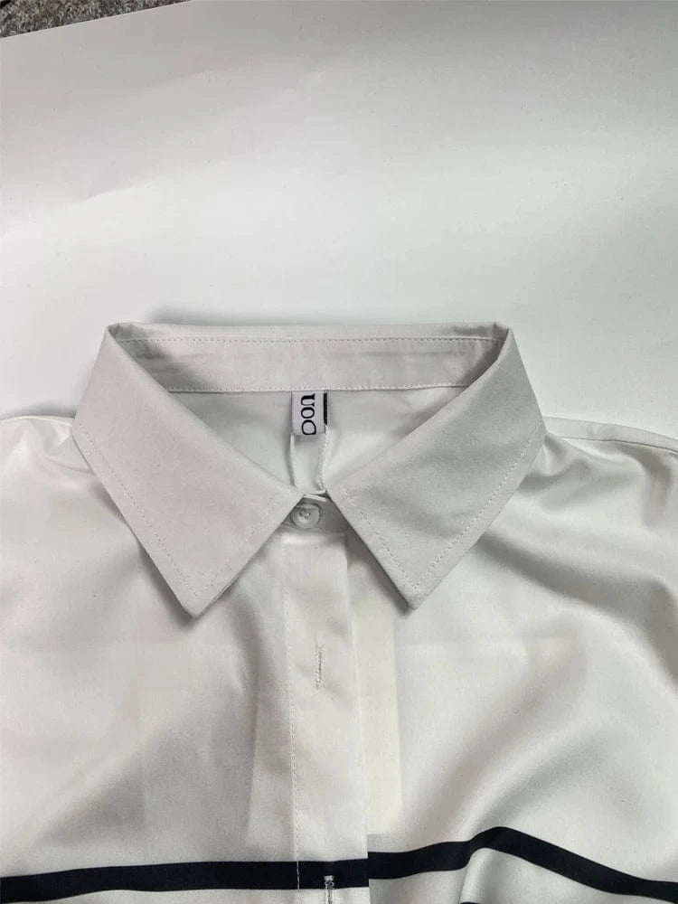 Lemongor Women's Lapel Shirts 2025 New Spring Fashion Striped Contrast Color Buttoned Flared Sleeves Loose Urban Casual Blouses