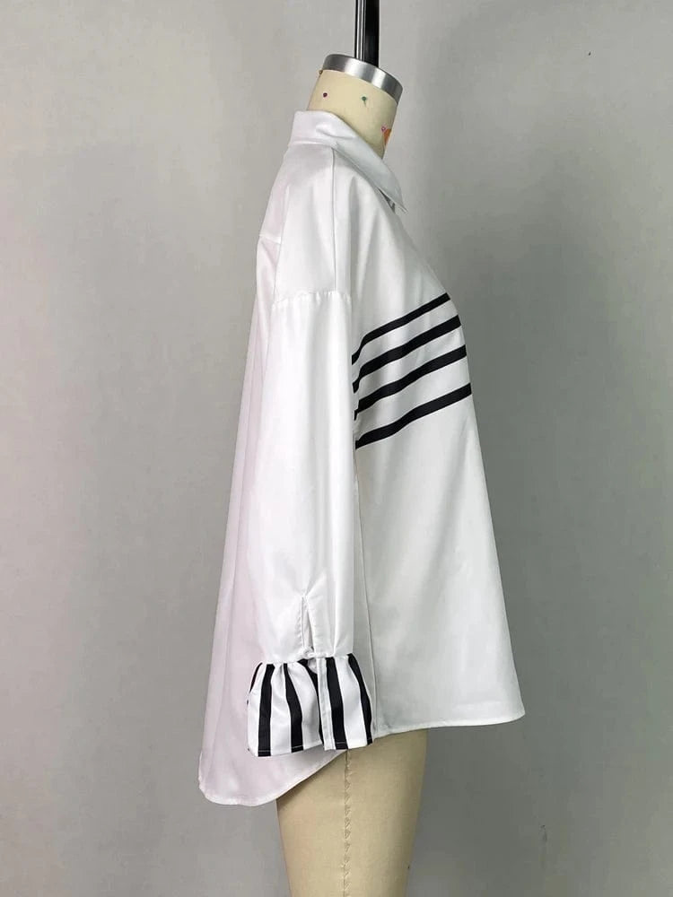 Lemongor Women's Lapel Shirts 2025 New Spring Fashion Striped Contrast Color Buttoned Flared Sleeves Loose Urban Casual Blouses