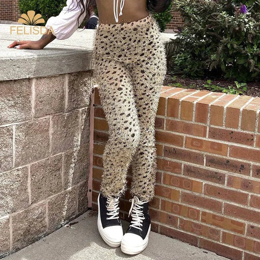 Leopard Fall Hairy Pencil Women Trousers Skinny Wild Casual Stretch Jogger Sweatpants Streetwear Vintage Bottoms Pants Women