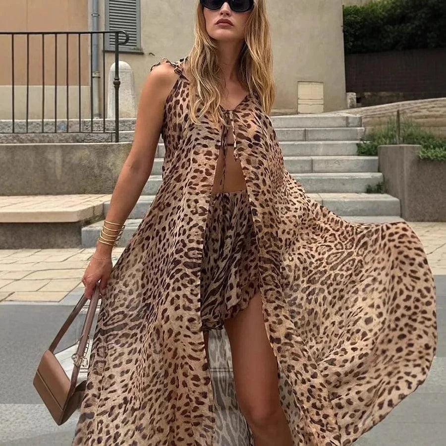 Leopard print / XL Woman Leopard Print Chiffon Set 2 Piece Summer Sexy Holiday Beach Chic Skirt Two Pieces Set Lady Wear Outfits