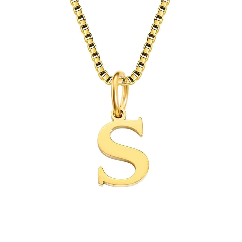 letter name necklace / gold / S INS Stainless Steel 14K Gold PVD Plated Box Chain 10MM Letter Alphabet Initial Personalized Name Necklace Jewelry For Women
