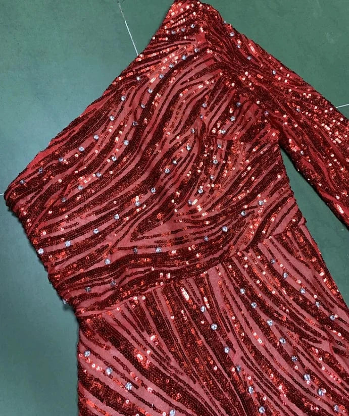 LF341 Kimshein Fashion High Quality Elegant Women Girls One Shoulder Red Dress Party