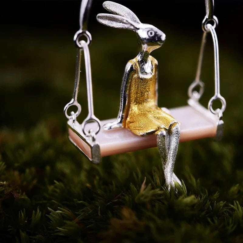 LFJE0098B-small Lotusfun Wholesale Handmade 925 Sterling Silver Jewelry Pink Shell Miss Rabbit Pendant Chain Necklace Fine Jewelry for Women