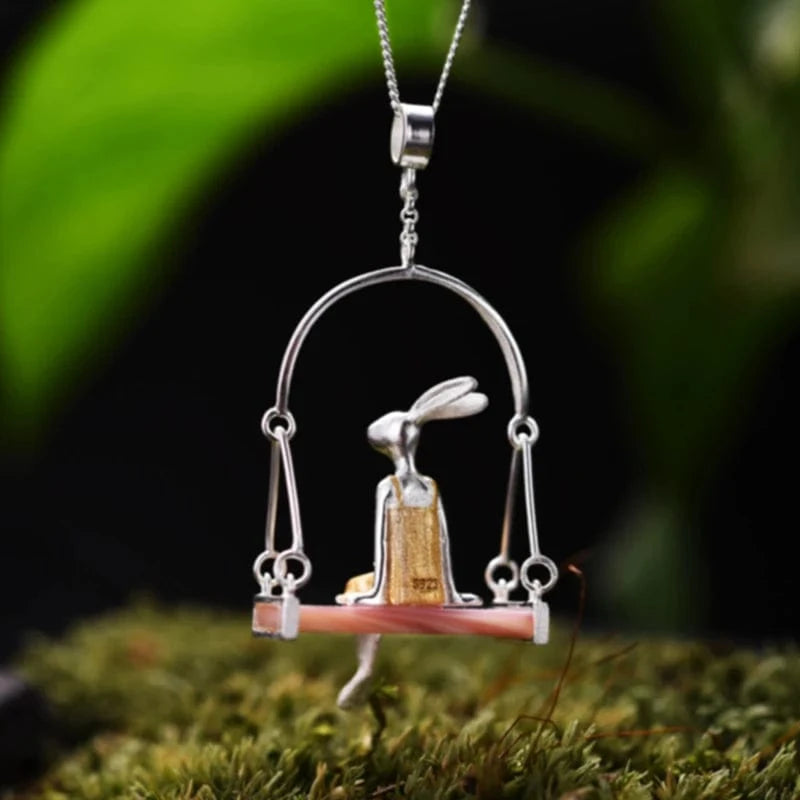 LFJE0098B-small Lotusfun Wholesale Handmade 925 Sterling Silver Jewelry Pink Shell Miss Rabbit Pendant Chain Necklace Fine Jewelry for Women