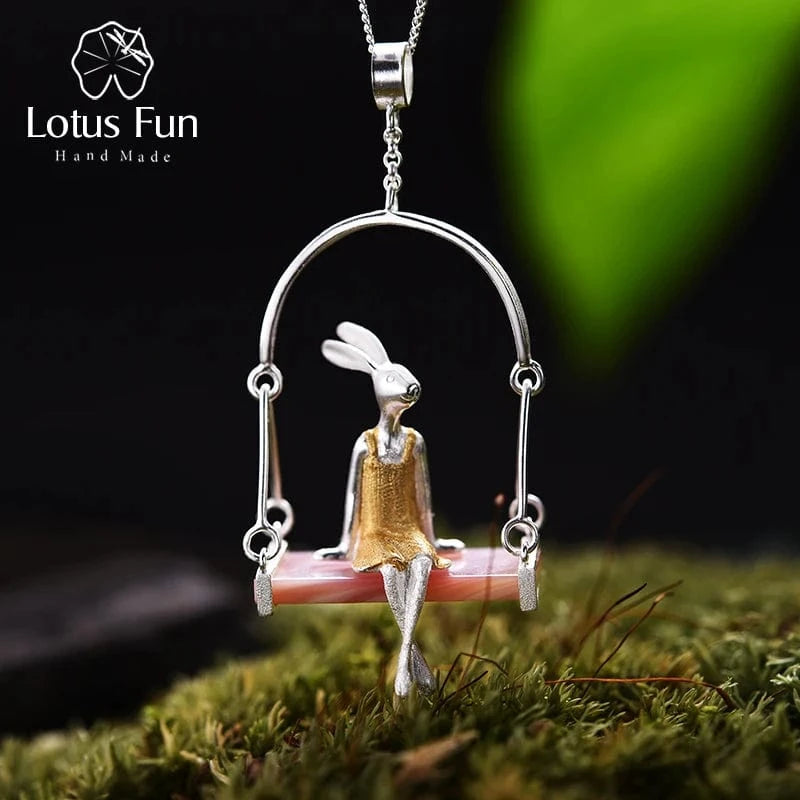 LFJE0098B-small Lotusfun Wholesale Handmade 925 Sterling Silver Jewelry Pink Shell Miss Rabbit Pendant Chain Necklace Fine Jewelry for Women