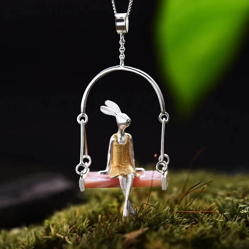LFJE0098B-small Lotusfun Wholesale Handmade 925 Sterling Silver Jewelry Pink Shell Miss Rabbit Pendant Chain Necklace Fine Jewelry for Women