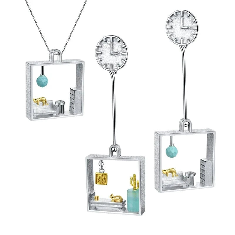 LFJS0063B Lotus Fun Pure 925 Sterling Silver Pendant Dangle Earrings Jewelry Set